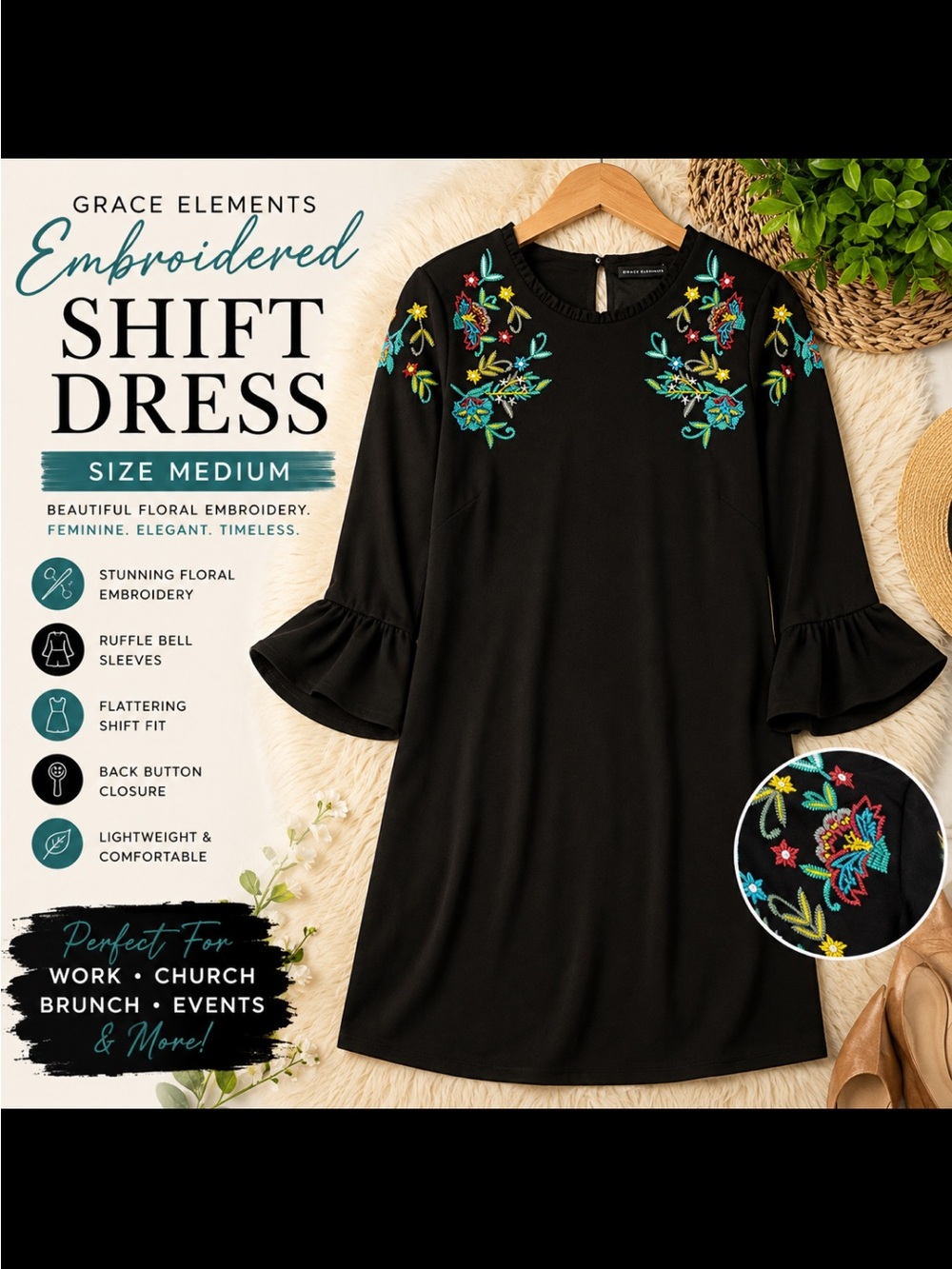 Grace Elements Black Shift Dress with Colorful Floral Embroidery